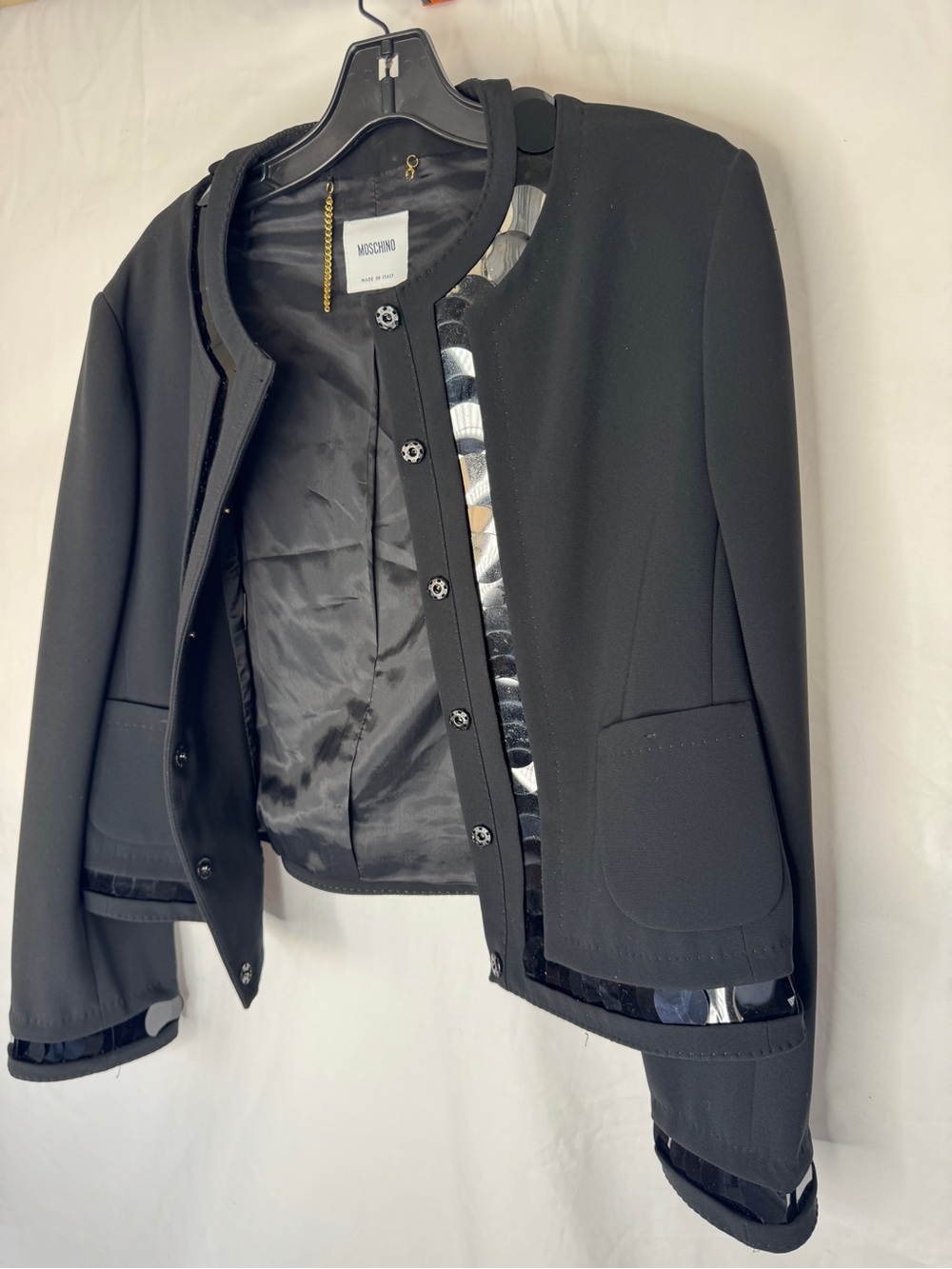 MOSCHINO Women’s Black Cropped Open Jacket with Sequin Trim